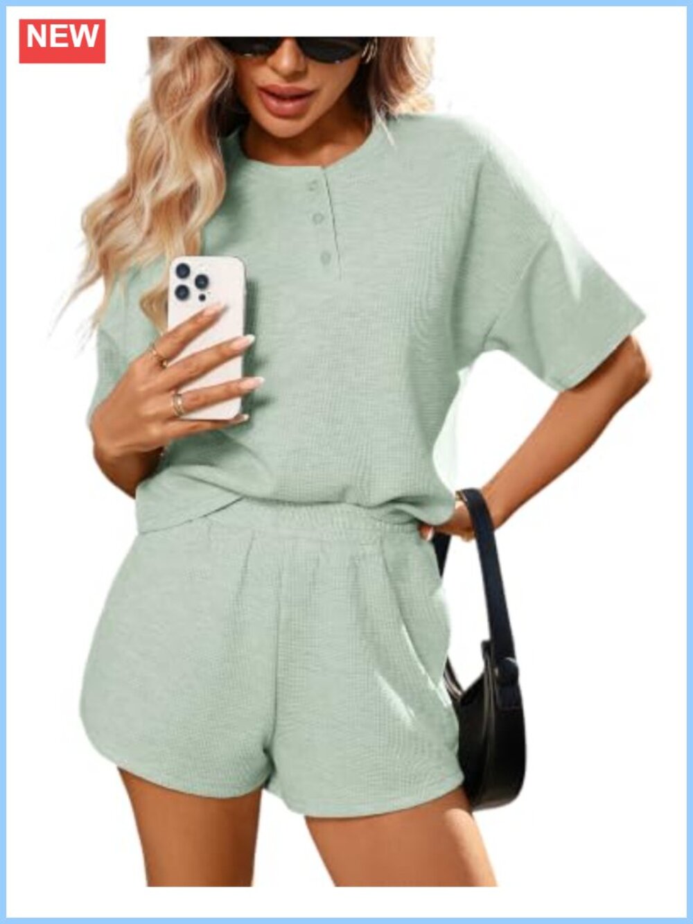 Waffle Knit Henley Crop Top High Waist Shorts 2 Piece Lounge Set